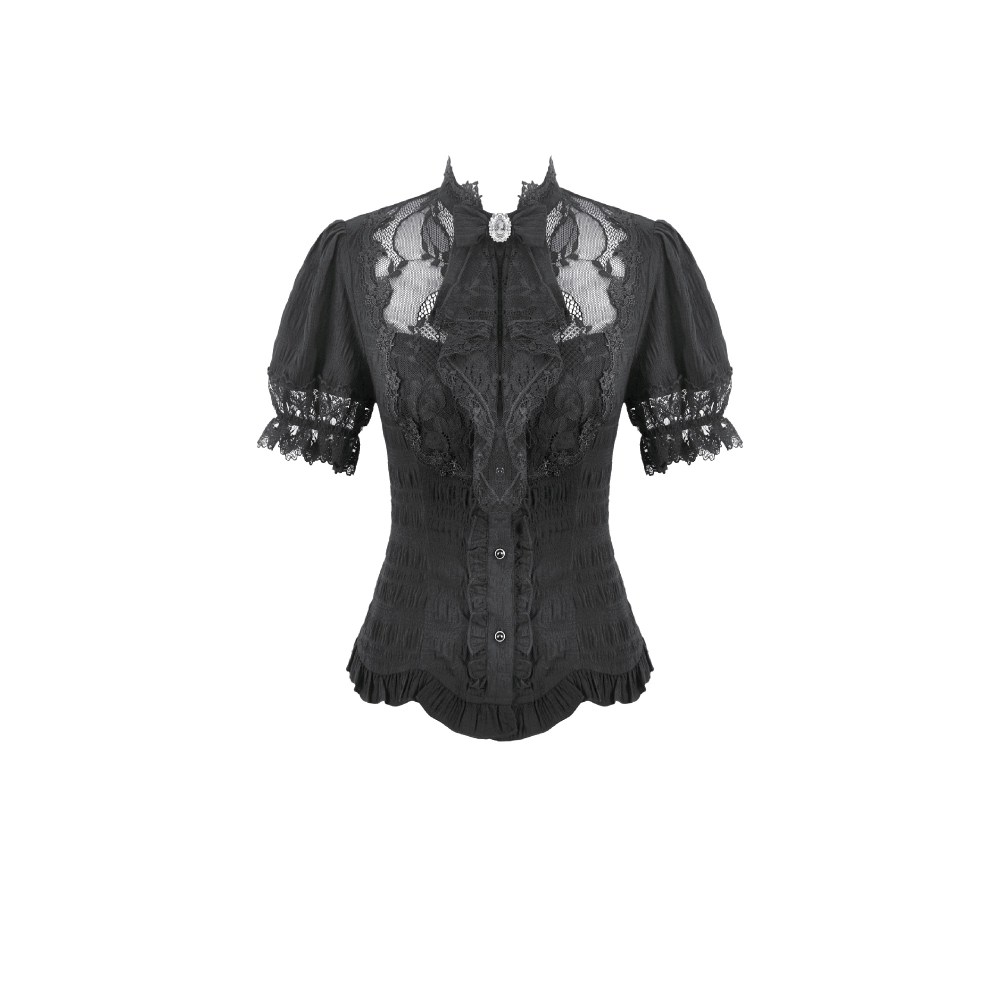 Dark in Love - Lolita with Pinstripe Texture, Guipure Lace and Detachable Cameo Bow Blouse - Black